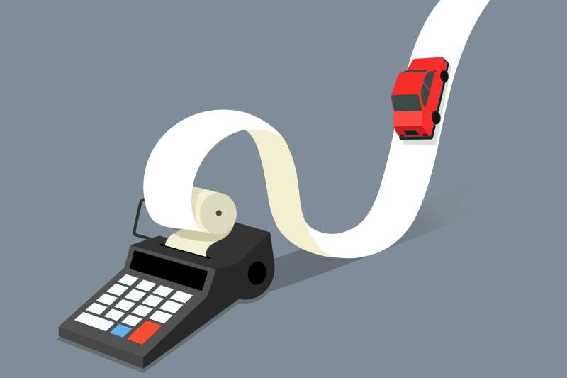 Illustration of a calculator with the tape unravelling upward, forming a road with a car going up the steep incline