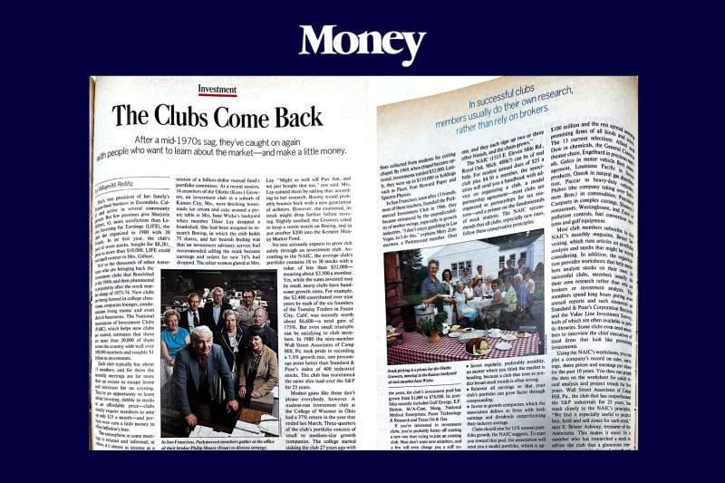 Scan of a spread from old Money magazine on investing club