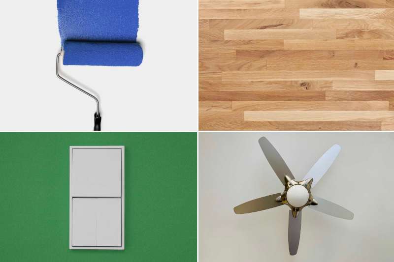 A 4 Image Collage Of A Paint Roller, Hardwood Floors, A Light switch And A Ceiling Fan