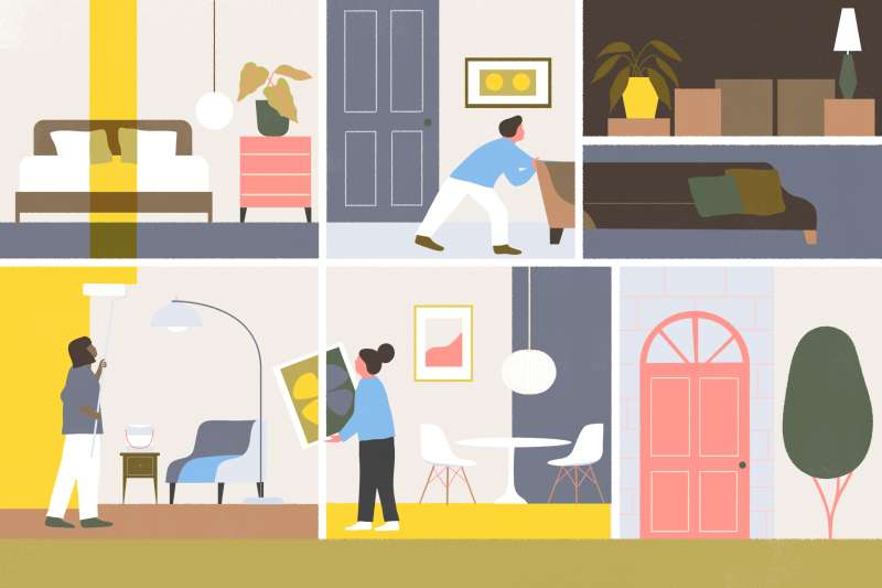 Illustration of person moving furniture around, another person painting the walls and one decorating with art