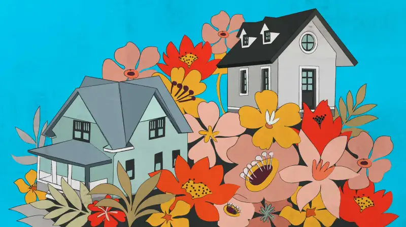 Two Houses Surrounded By LArge Flowers