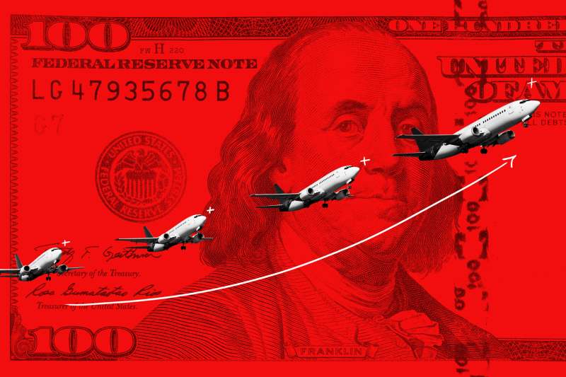 Collage of a sequence of an airplane taking off with a close-up of a hundred dollar bill in the background