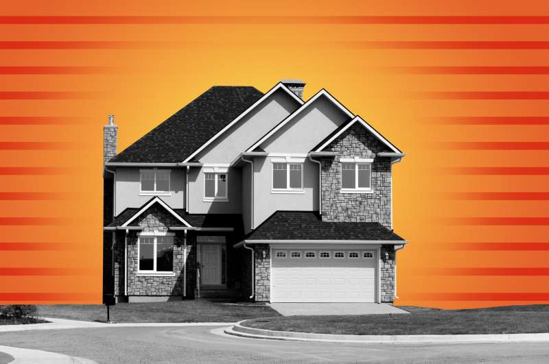 Collage of a suburban home with graphic elements in the background