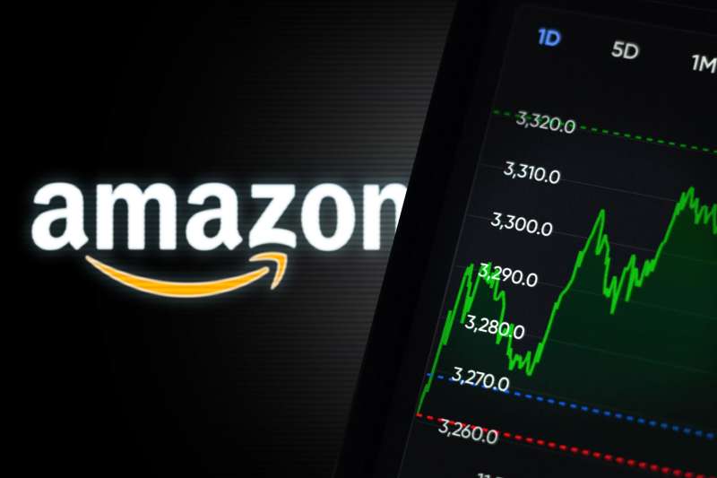 Smart Phone With Stock Market Graphics On Screen In Front Of Amazon Logo