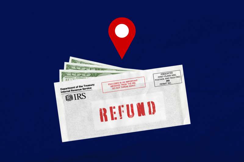 Collage of an envelope from the IRS with the word  Refund  containing multiple hundred dollar bills with a locator pin icon