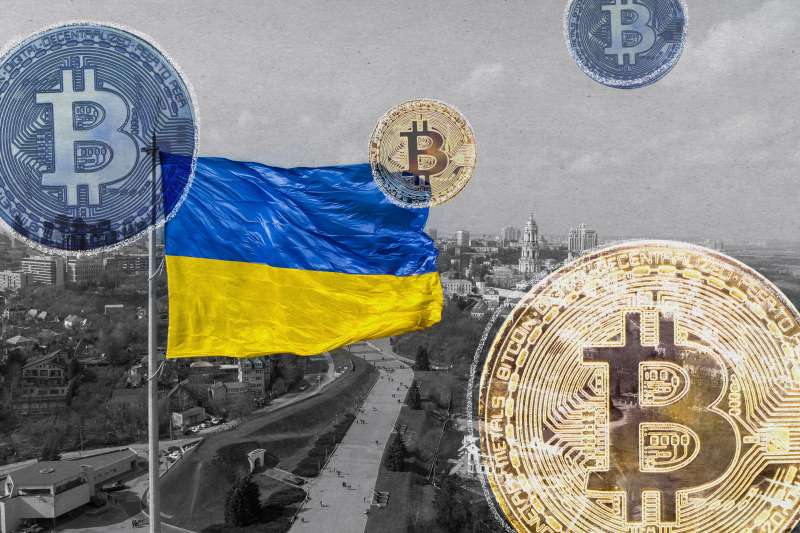 Ukraine flag flies over Ukraine with many bitcoins superimposed
