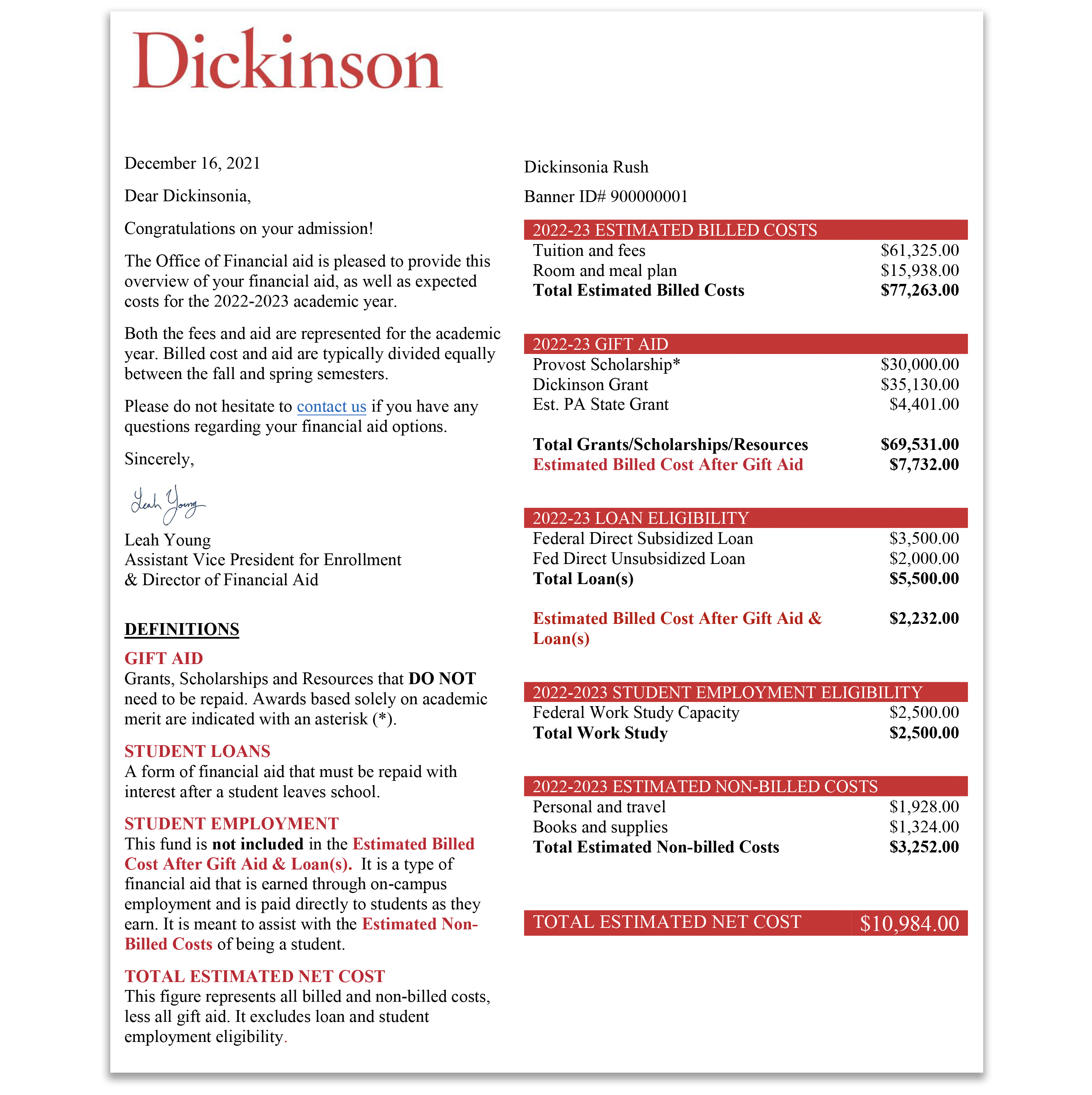 Financial Aid Letter example from Dickinson