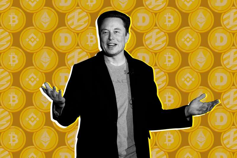 Collage of Elon Musk with a grid of cryptocurrency coins in the background