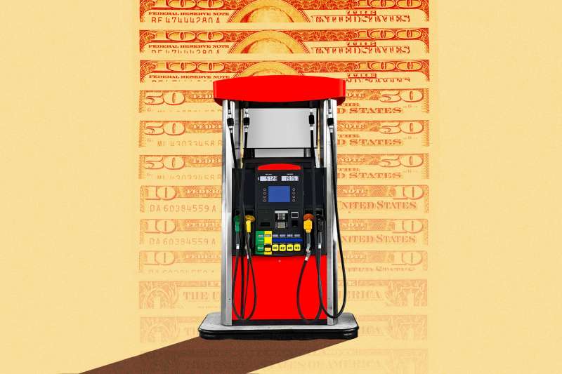 Collage of a gas pump with increasing dollar bills in the background