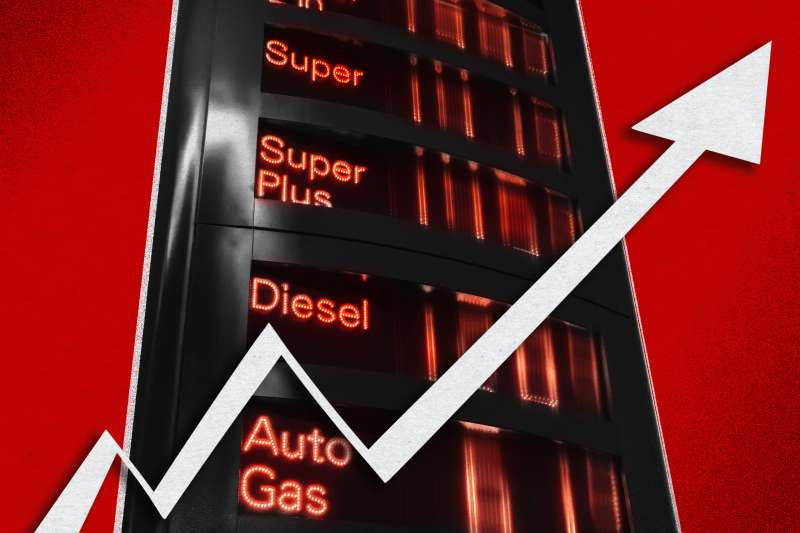 Photo illustration of a Gas price fuel display with rapidly rising numbers and an arrow pointing upwards