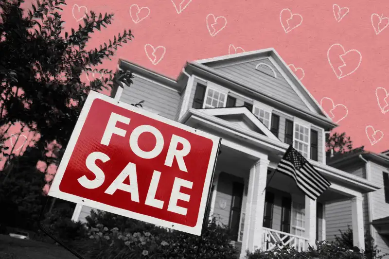 Collage of a house for sale with many broken hearts doodled in the background