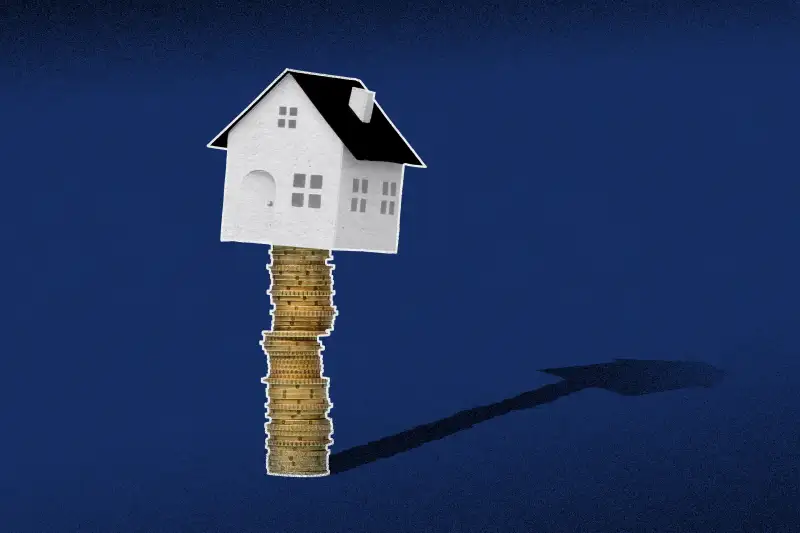 Illustration of a house sitting atop a dangerously high stack of coins