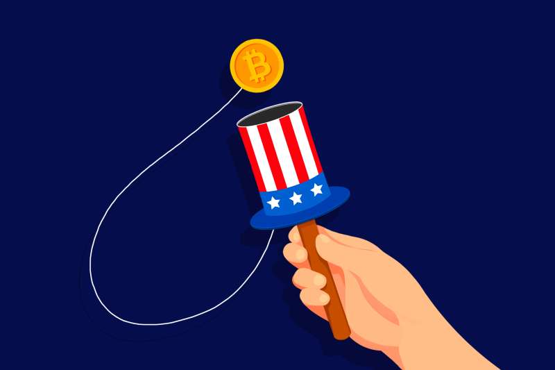Illustration of a hand playing a catch-ball cup game, where the ball is a bitcoin, and the cup is an Uncle Sam hat