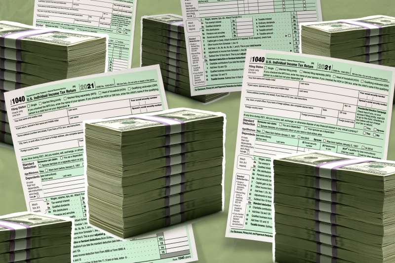 Collage of tall stacks of bundled one hundred dollar bills and 1040 2021 Tax forms