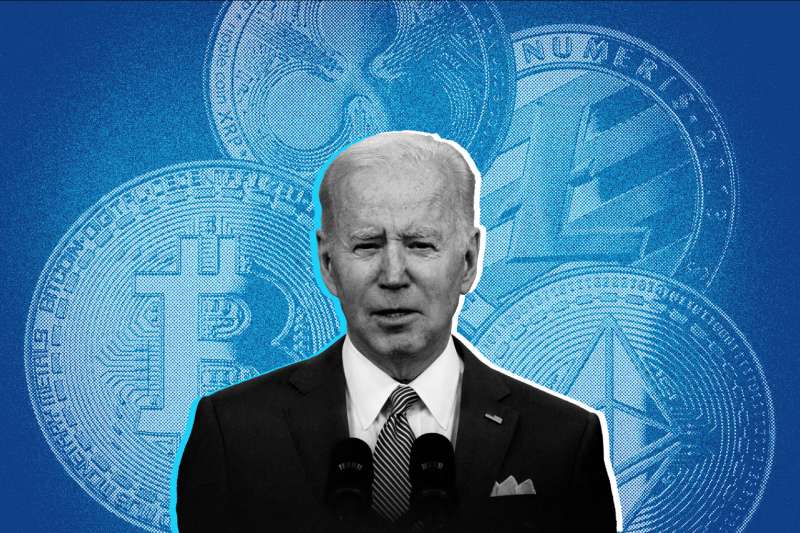 Collage of Joe Biden with a Bitcoin, Litecoin, Ripple Coin and Ethereum coin in the background