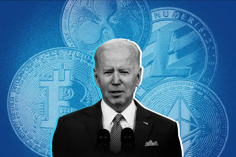 Collage of Joe Biden with a Bitcoin, Litecoin, Ripple Coin and Ethereum coin in the background