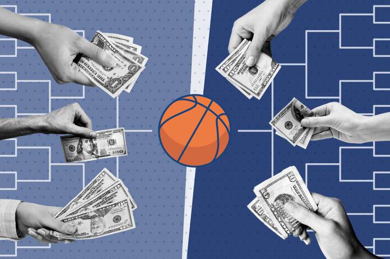 Collage of multiple hands with dollar bills placing bets on a March Madness Basketball playoff grid, tournament bracket