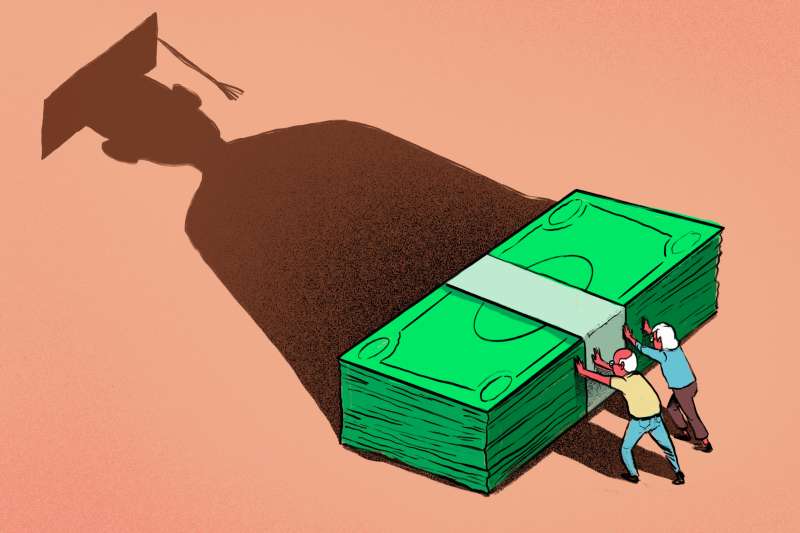 Illustration of two parents pushing a stack of dollars- the stack casts a shadow of their child in a graduation cap and gown