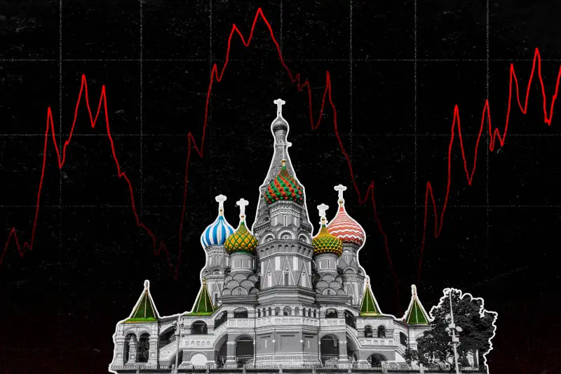 A stock graph looms over St Basils Cathedral in Russia