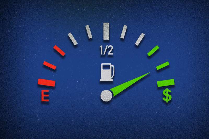 Illustration of a gas tank gauge where the FULL signifies a full wallet with a dollar sign