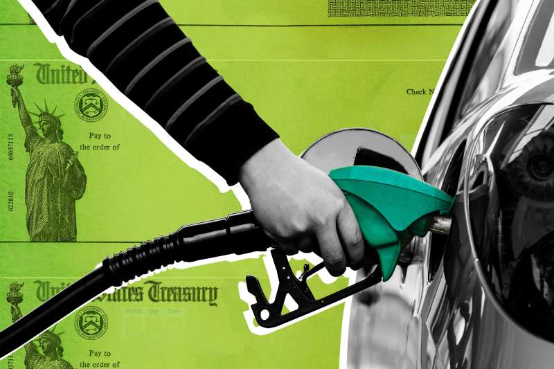 Collage of a cropped hand of person refueling car with stimulus check in the background