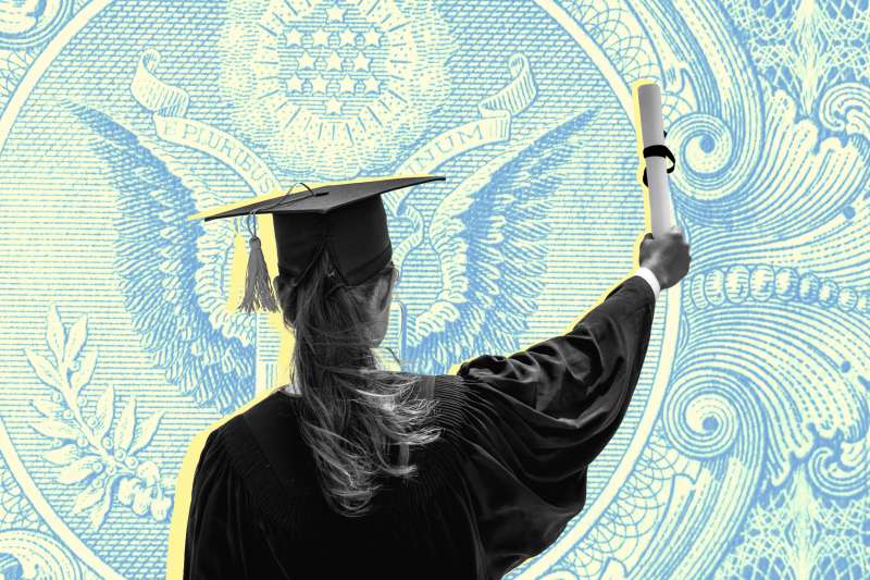 Collage of a college student in a graduation cap and gown holding up a diploma with a close-up of a dollar bill in the background