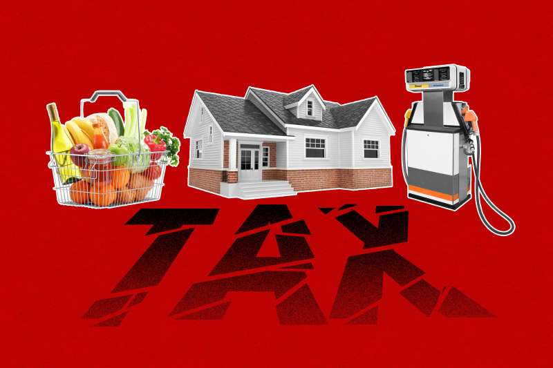 Photo collage of a grocery shopping cart, a house and a gas pump with the shadow of the word  TAX  getting slashed on the bottom