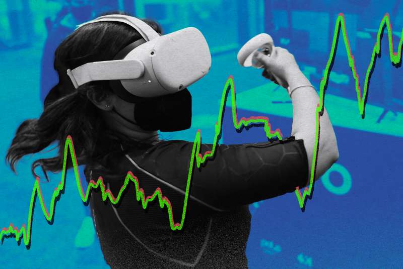 Photo illustration of a woman using a virtual reality headset with an illustrated graph superimposed on top