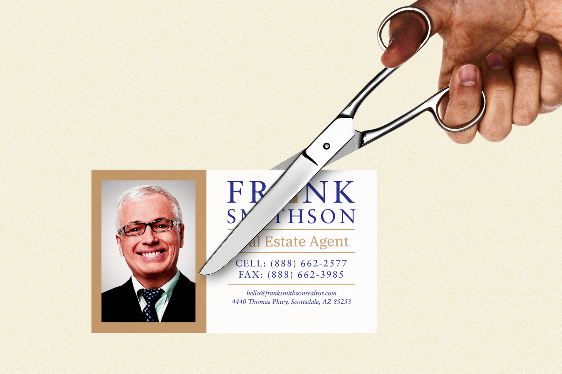 Collage of a hand cutting a Real Estate Agent Business Card with a pair of scissors