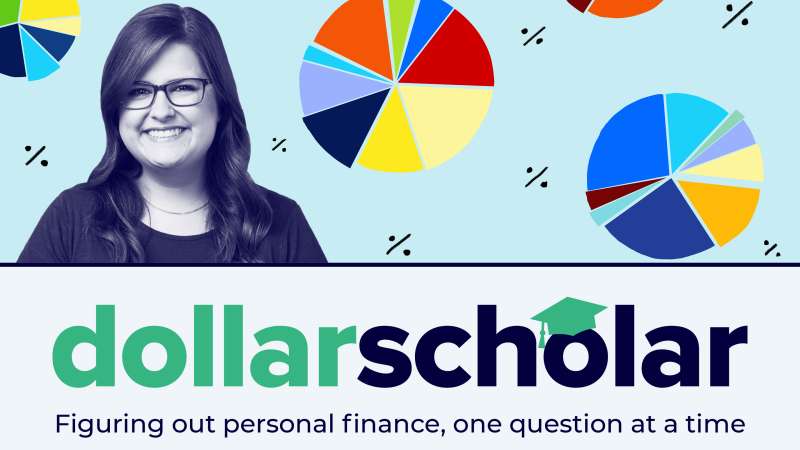 Dollar Scholar Banner with multiple pie charts and percentage signs in the background