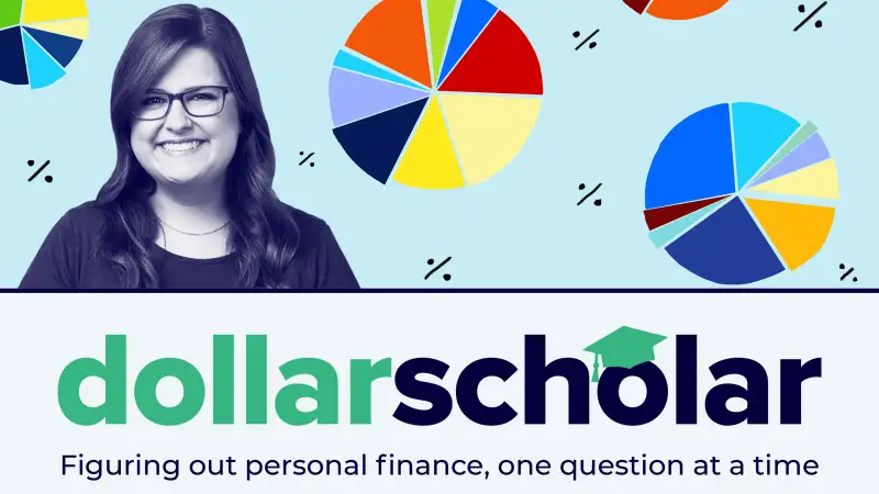 Dollar Scholar Banner with multiple pie charts and percentage signs in the background