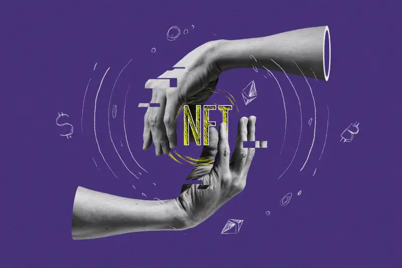 Photo illustration of two hands holding the words  NFT  surrounded by illustrated crypto coin elements