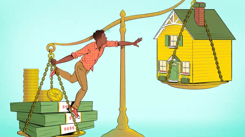 Illustration of an unbalanced scale where the heavier side has a man, standing on top of money, reaching out to the lighter side with a house for sale