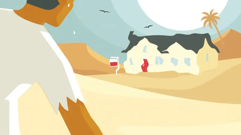 Illustration of a man walking in the desert towards a mirage that looks like a house for sale