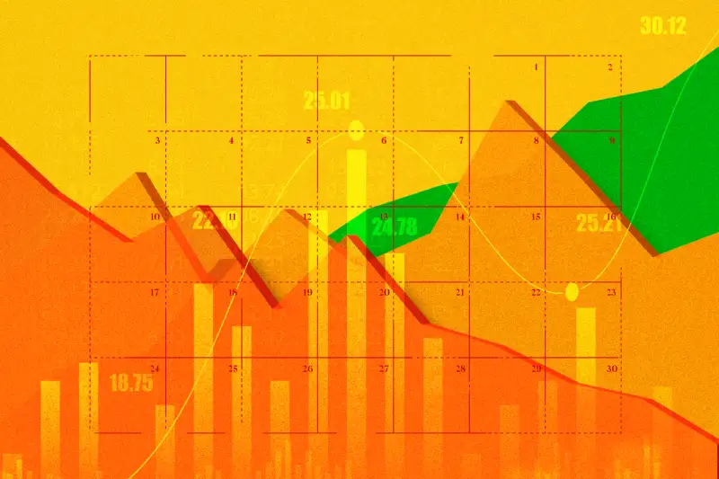 Collage of an abstract stock market graph with a calendar grid