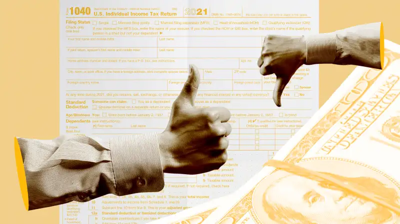 Collage of a hand with a thumbs up and a hand with a thumbs down next to a pile of money and a 1040 Tax Return form