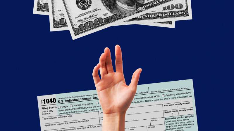 Collage of an extended hand, coming from a 1040 Tax form, reaching for a couple of hundred dollar bills