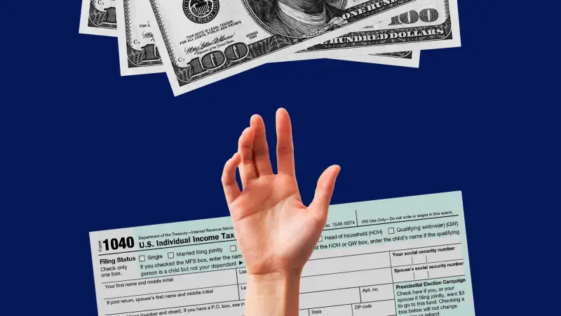 Collage of an extended hand, coming from a 1040 Tax form, reaching for a couple of hundred dollar bills