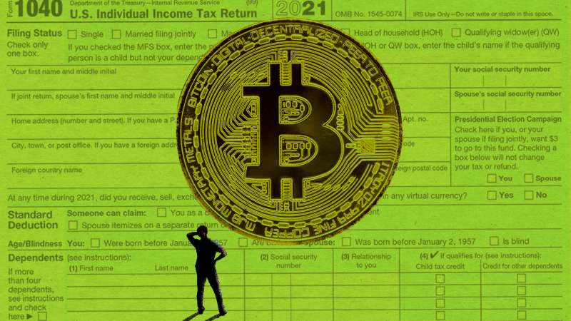 Photo collage illustration of a giant crypto coin superimposed atop of an income tax return form while a confused person looks at it