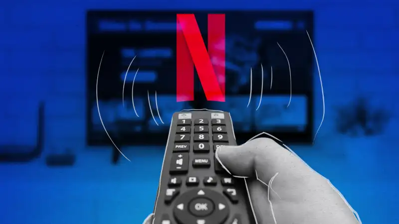 Photo illustration of a person using a remote control and TV to watch Netflix