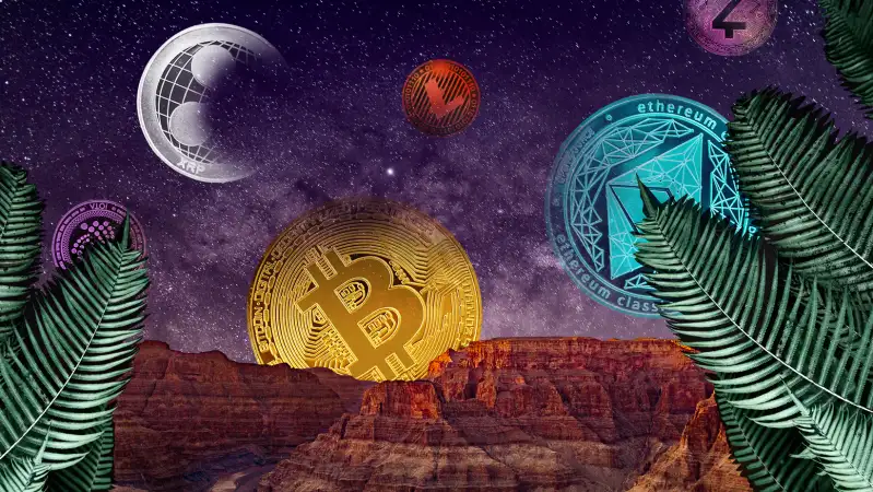 Surreal collage of a galaxy with different cryptocurrency coins as planets.