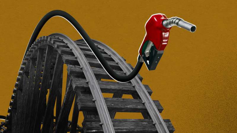 A photo collage illustration of a gas pump nozzle going up and down the rails of a roller coaster
