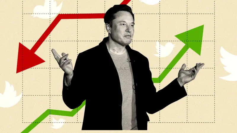 Collage of Elon Musk and a stock chart in the background, with an ascending green arrow and a descending red arrow