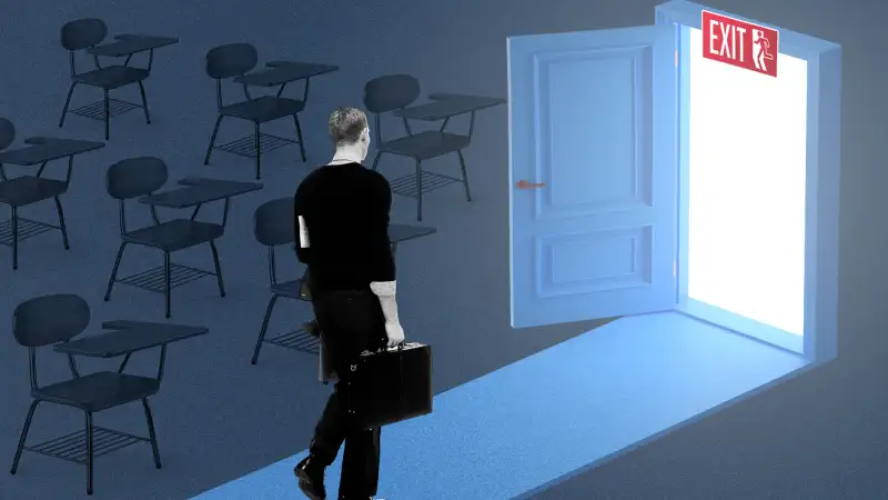 Collage of a teacher walking out of a classroom towards an Exit door