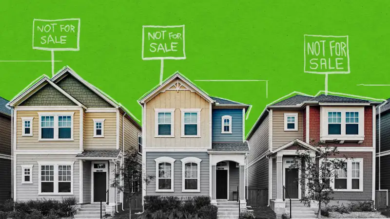 Row of houses with illustrated NOT FOR SALE signs on top of them