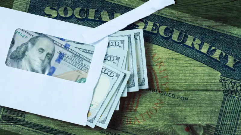 Photo collage of an envelope full of hundred dollar bills and a Social Security card overlaid in the background