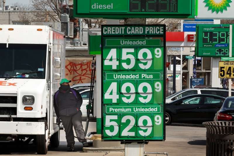 Gasoline prices are above $4.00 a gallon at a gas station in Washington, DC.