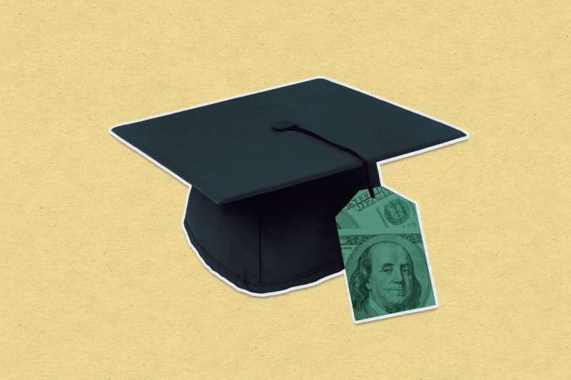 Photo collage of a graduation cap with the tassel being replaced with a price tag made out of hundred dollar bills