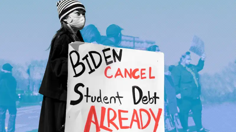 Demonstrators protest near Grand Army Plaza during a rally to cancel student loan debts.