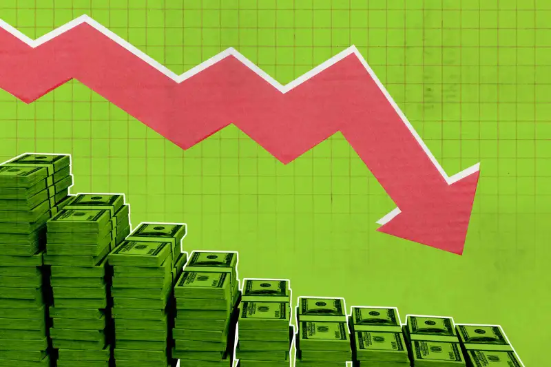 Downward Pointing Arrow Over Decreasing Stacks Of Cash